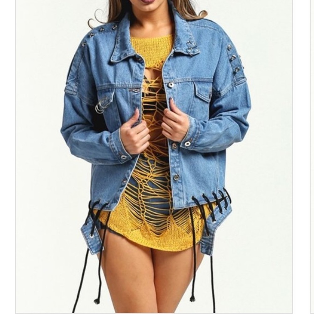 Rehab Oversized Denim Jean Jacket With Black Tie